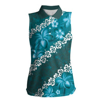 Vintage Dark Cyan Polynesia Women Sleeveless Polo Shirt Plumeria With Hibiscus Tropical Vibes LT14 Female Dark Cyan - Polynesian Pride