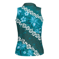 Vintage Dark Cyan Polynesia Women Sleeveless Polo Shirt Plumeria With Hibiscus Tropical Vibes LT14 - Polynesian Pride