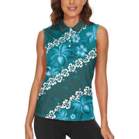 Vintage Dark Cyan Polynesia Women Sleeveless Polo Shirt Plumeria With Hibiscus Tropical Vibes LT14 - Polynesian Pride