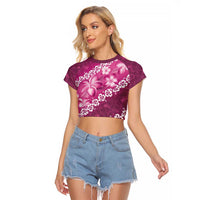 Vintage Pink Polynesia Raglan Cropped T Shirt Plumeria With Hibiscus Tropical Vibes LT14 Female Pink - Polynesian Pride