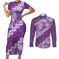 Vintage Purple Polynesia Couples Matching Short Sleeve Bodycon Dress and Long Sleeve Button Shirt Plumeria With Hibiscus Tropical Vibes