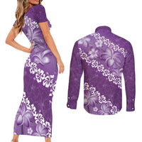 Vintage Purple Polynesia Couples Matching Short Sleeve Bodycon Dress and Long Sleeve Button Shirt Plumeria With Hibiscus Tropical Vibes