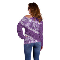 Vintage Purple Polynesia Off Shoulder Sweater Plumeria With Hibiscus Tropical Vibes