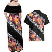 Black Polynesia Couples Matching Off Shoulder Maxi Dress and Hawaiian Shirt Plumeria With Hibiscus Pattern Tropical Vibes LT14 - Polynesian Pride