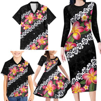 Black Polynesia Family Matching Long Sleeve Bodycon Dress and Hawaiian Shirt Plumeria With Hibiscus Pattern Tropical Vibes LT14 - Polynesian Pride