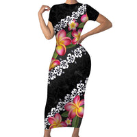 Black Polynesia Short Sleeve Bodycon Dress Plumeria With Hibiscus Pattern Tropical Vibes LT14 Long Dress Black - Polynesian Pride