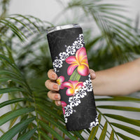 Black Polynesia Skinny Tumbler Plumeria With Hibiscus Pattern Tropical Vibes