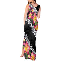 Black Polynesia Tank Maxi Dress Plumeria With Hibiscus Pattern Tropical Vibes