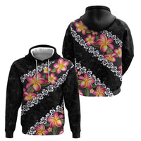 Black Polynesia Zip Hoodie Plumeria With Hibiscus Pattern Tropical Vibes