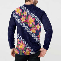 Blue Polynesia Button Sweatshirt Plumeria With Hibiscus Pattern Tropical Vibes LT14 - Polynesian Pride