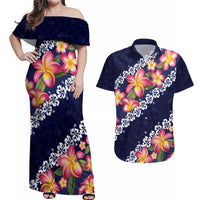 Blue Polynesia Couples Matching Off Shoulder Maxi Dress and Hawaiian Shirt Plumeria With Hibiscus Pattern Tropical Vibes LT14 Blue - Polynesian Pride