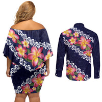 Blue Polynesia Couples Matching Off Shoulder Short Dress and Long Sleeve Button Shirt Plumeria With Hibiscus Pattern Tropical Vibes LT14 - Polynesian Pride