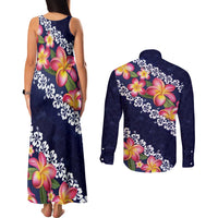 Blue Polynesia Couples Matching Tank Maxi Dress and Long Sleeve Button Shirt Plumeria With Hibiscus Pattern Tropical Vibes LT14 - Polynesian Pride