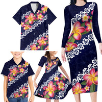 Blue Polynesia Family Matching Long Sleeve Bodycon Dress and Hawaiian Shirt Plumeria With Hibiscus Pattern Tropical Vibes LT14 - Polynesian Pride