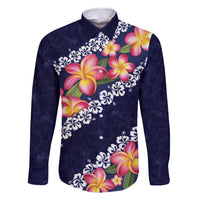 Blue Polynesia Family Matching Long Sleeve Bodycon Dress and Hawaiian Shirt Plumeria With Hibiscus Pattern Tropical Vibes LT14 Dad's Shirt - Long Sleeve Blue - Polynesian Pride