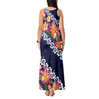 Blue Polynesia Tank Maxi Dress Plumeria With Hibiscus Pattern Tropical Vibes