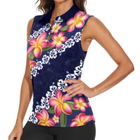 Blue Polynesia Women Sleeveless Polo Shirt Plumeria With Hibiscus Pattern Tropical Vibes LT14 - Polynesian Pride