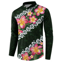 Green Polynesia Button Sweatshirt Plumeria With Hibiscus Pattern Tropical Vibes LT14 - Polynesian Pride