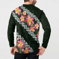 Green Polynesia Button Sweatshirt Plumeria With Hibiscus Pattern Tropical Vibes LT14 - Polynesian Pride