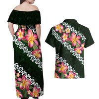 Green Polynesia Couples Matching Off Shoulder Maxi Dress and Hawaiian Shirt Plumeria With Hibiscus Pattern Tropical Vibes LT14 - Polynesian Pride