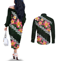 Green Polynesia Couples Matching Off The Shoulder Long Sleeve Dress and Long Sleeve Button Shirt Plumeria With Hibiscus Pattern Tropical Vibes