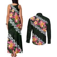 Green Polynesia Couples Matching Tank Maxi Dress and Long Sleeve Button Shirt Plumeria With Hibiscus Pattern Tropical Vibes LT14 - Polynesian Pride