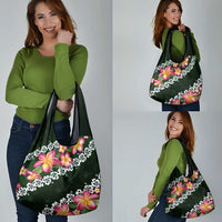 Green Polynesia Grocery Bag Plumeria With Hibiscus Pattern Tropical Vibes