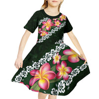 Green Polynesia Kid Short Sleeve Dress Plumeria With Hibiscus Pattern Tropical Vibes LT14 - Polynesian Pride