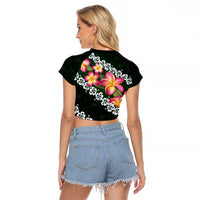 Green Polynesia Raglan Cropped T Shirt Plumeria With Hibiscus Pattern Tropical Vibes LT14 - Polynesian Pride