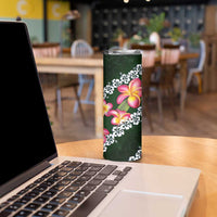 Green Polynesia Skinny Tumbler Plumeria With Hibiscus Pattern Tropical Vibes