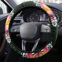 Green Polynesia Steering Wheel Cover Plumeria With Hibiscus Pattern Tropical Vibes
