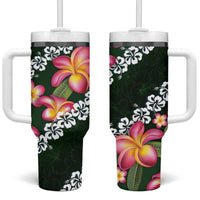 Green Polynesia Tumbler With Handle Plumeria With Hibiscus Pattern Tropical Vibes LT14 One Size: 40 oz Green - Polynesian Pride