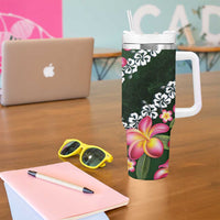 Green Polynesia Tumbler With Handle Plumeria With Hibiscus Pattern Tropical Vibes LT14 - Polynesian Pride