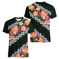 Green Polynesia Women V-Neck T-Shirt Plumeria With Hibiscus Pattern Tropical Vibes LT14 - Polynesian Pride
