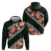 Green Polynesia Zip Hoodie Plumeria With Hibiscus Pattern Tropical Vibes