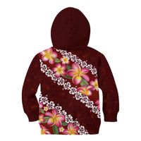 Oxblood Polynesia Kid Hoodie Plumeria With Hibiscus Pattern Tropical Vibes LT14 - Polynesian Pride