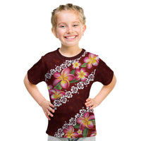 Oxblood Polynesia Kid T Shirt Plumeria With Hibiscus Pattern Tropical Vibes LT14 Oxblood - Polynesian Pride