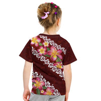 Oxblood Polynesia Kid T Shirt Plumeria With Hibiscus Pattern Tropical Vibes LT14 - Polynesian Pride
