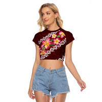 Oxblood Polynesia Raglan Cropped T Shirt Plumeria With Hibiscus Pattern Tropical Vibes LT14 Female Oxblood - Polynesian Pride