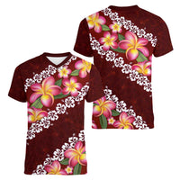 Oxblood Polynesia Women V-Neck T-Shirt Plumeria With Hibiscus Pattern Tropical Vibes LT14 - Polynesian Pride