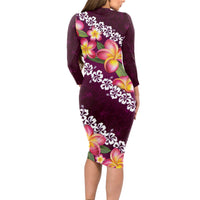 Pink Polynesia Long Sleeve Bodycon Dress Plumeria With Hibiscus Pattern Tropical Vibes