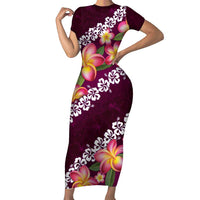 Pink Polynesia Short Sleeve Bodycon Dress Plumeria With Hibiscus Pattern Tropical Vibes LT14 Long Dress Pink - Polynesian Pride