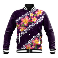 Purple Polynesia Baseball Jacket Plumeria With Hibiscus Pattern Tropical Vibes