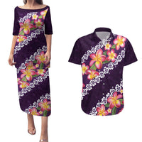Purple Polynesia Couples Matching Puletasi and Hawaiian Shirt Plumeria With Hibiscus Pattern Tropical Vibes LT14 Purple - Polynesian Pride