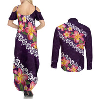 Purple Polynesia Couples Matching Summer Maxi Dress and Long Sleeve Button Shirt Plumeria With Hibiscus Pattern Tropical Vibes