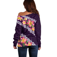 Purple Polynesia Off Shoulder Sweater Plumeria With Hibiscus Pattern Tropical Vibes