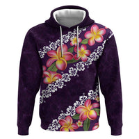 Purple Polynesia Zip Hoodie Plumeria With Hibiscus Pattern Tropical Vibes