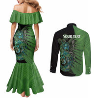 Personalised New Zealand Darts Couples Matching Mermaid Dress and Long Sleeve Button Shirt Aotearoa Maori Fern Mix Manaia Tattoo