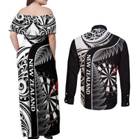 Personalised New Zealand Darts Couples Matching Off Shoulder Maxi Dress and Long Sleeve Button Shirt Aotearoa Fern Mix Paua Shell Manaia - Black