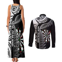 Personalised New Zealand Darts Couples Matching Tank Maxi Dress and Long Sleeve Button Shirt Aotearoa Fern Mix Paua Shell Manaia - Black